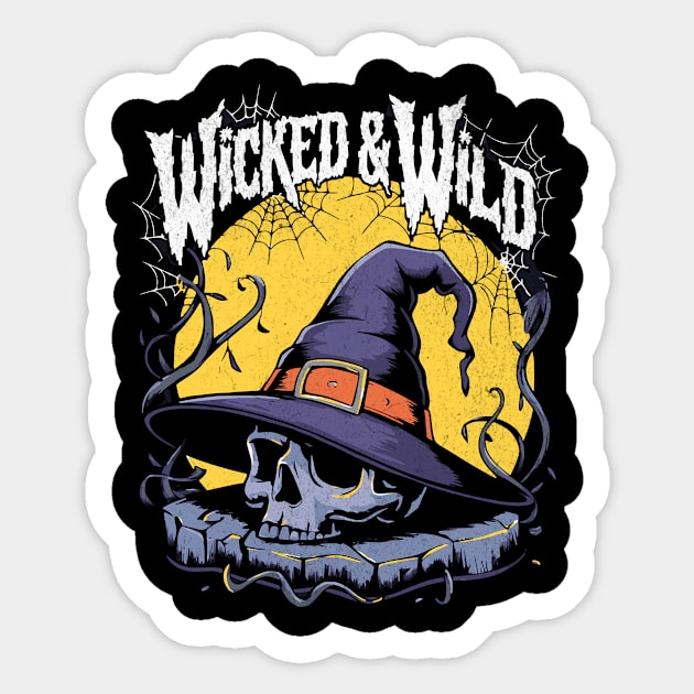 Wicked & Wild Skull with Witch Hat Halloween Design Sticker by Designed By Marty